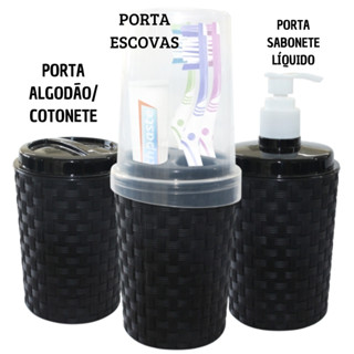 Kit Banheiro 3 peças Plástico Porta Sabonete Líquido Escova de Dente e Algodão/Cotonete em Oferta na Shopee