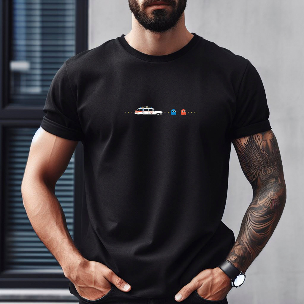 Camiseta Masculina Preta Estampa Fantasma Pixel Estampa Desenho Algodão DTF