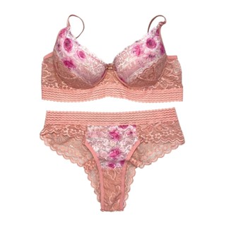 Conjunto de Calcinha e Sutiã Rendado Com Bojo Floral  Lingerie Charmosa Elegante em Oferta na Shopee