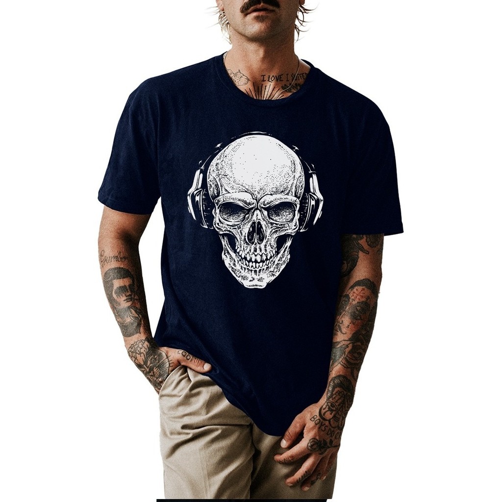 Camiseta Unissex Oversized Plus Size Feminina Masculina Caveira Estilosa Com Fone Rock And Roll