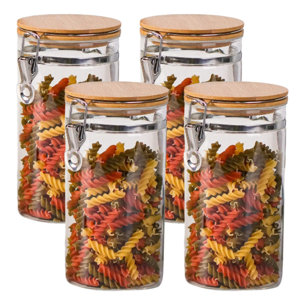 Kit 4 Potes Hermético De Vidro 1300ml Tampa Bambu Trava Inox