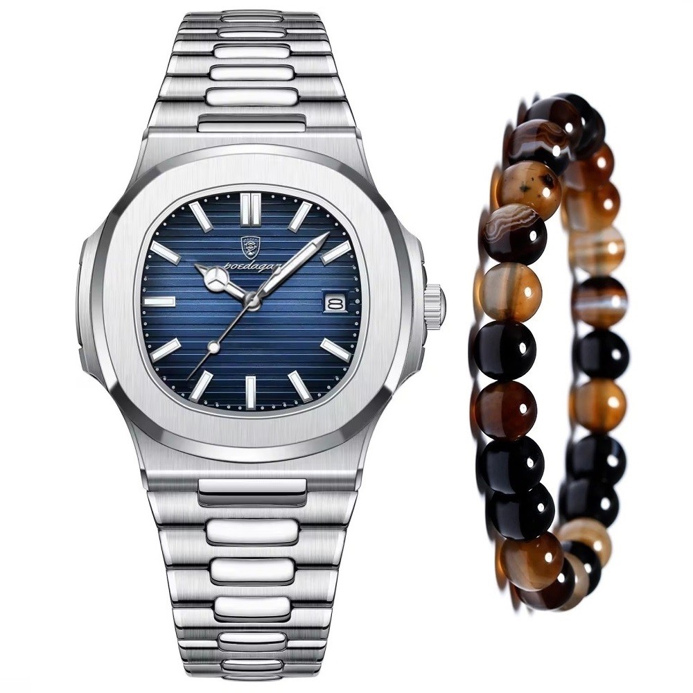 Relógio Prateado Old Money Minimalista + Pulseira Olho Tigre