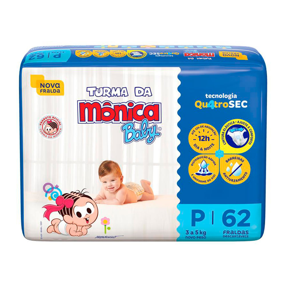 Fralda Turma da Mônica Baby Tamanho P Pacote Mega 62 Unidades Descartáveis
