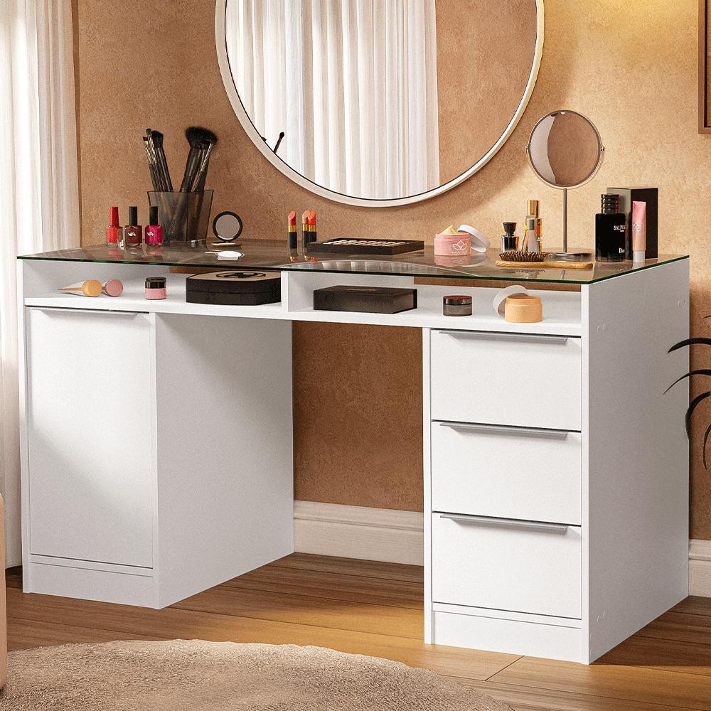 Escrivaninha Penteadeira 136cm 1 Porta 3 Gavetas Tampo de Vidro Branco Madesa - Home & Living