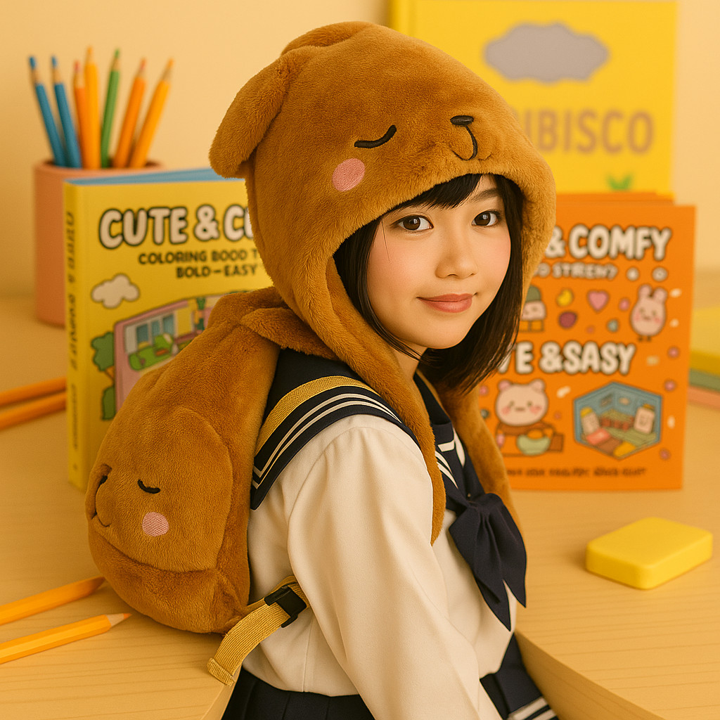 Mochila Capivara Kawaii com Touca Embutida | Pelúcia Macia Escolar Estilo Coreano com Alças Ajustáveis