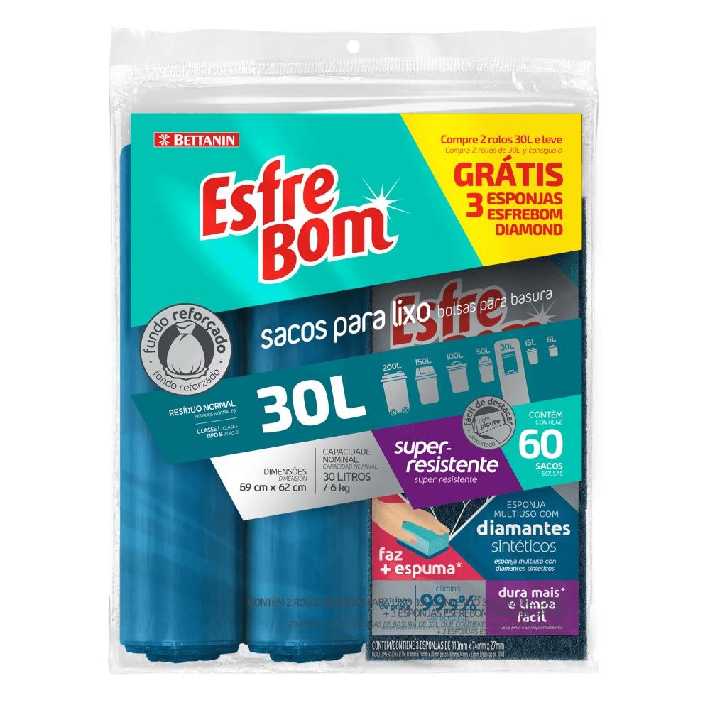 Saco de Lixo em Rolo com Fundo Reforçado Azul 30L com Kit Esponja Multiuso Diamond EsfreBom Bettanin em Oferta na Shopee
