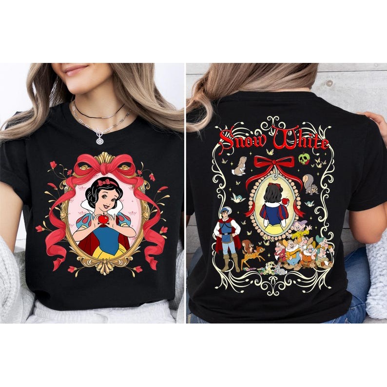 Camiseta preta solta unissex | Estampa de conto de fadas da Branca de Neve e os Sete Anões - Camisa casual infantil