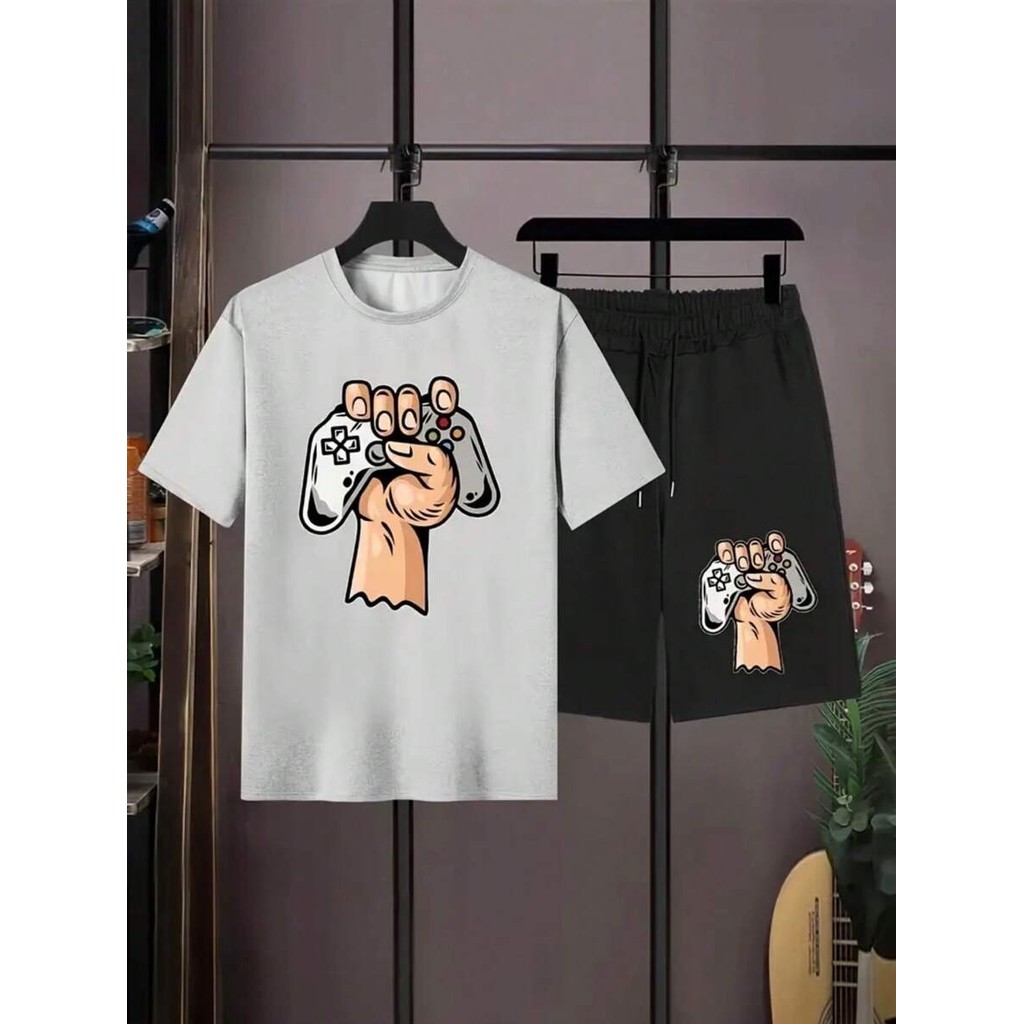 Kit 2 Peças Conjunto De Camiseta Masculina E Short Casual Verão Para Homens Casual Versátil Confortável Lançamento