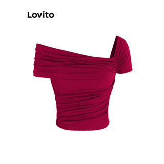 Lovito Camiseta casual lisa franzida para mulheres LAD106627 em Oferta na Shopee