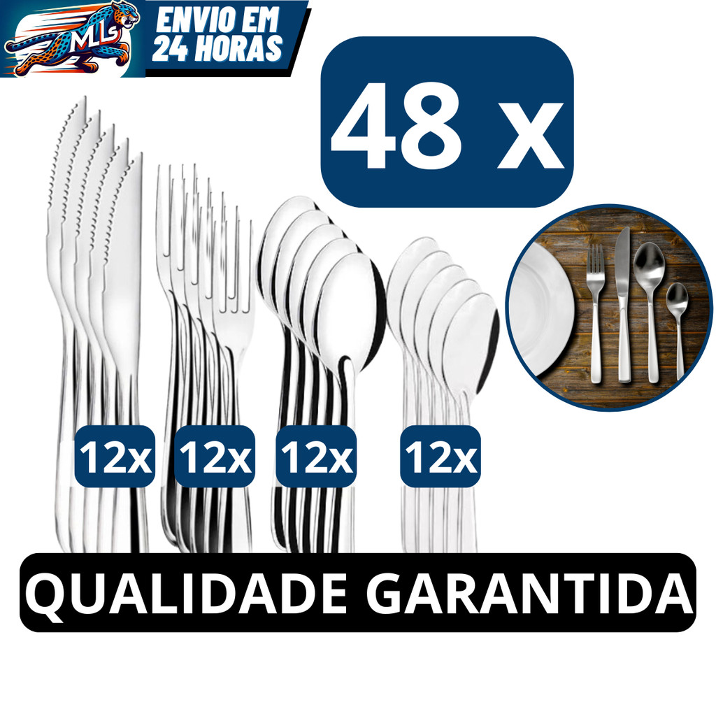 Jogo De Talheres 48 Peças Aço Inox 12 Facas 12 Garfos De Mesa 12 Colheres E 12 Colheres De Sobremesa