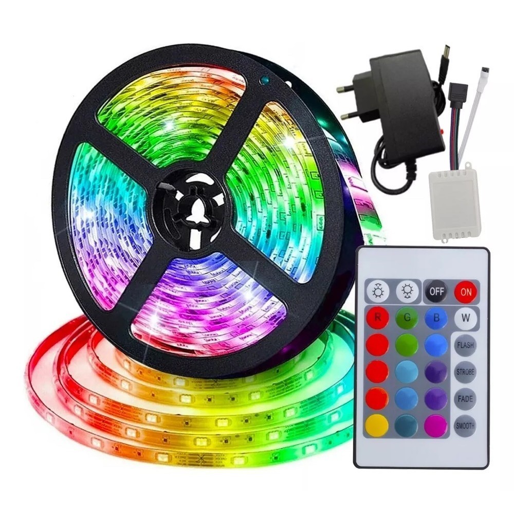 Fita Led Rgb 3528 Colorida 5m + Controle+Fonte 300 Led Decoração Casa Loja Gesso Teto Sanca Vitrine em Oferta na Shopee