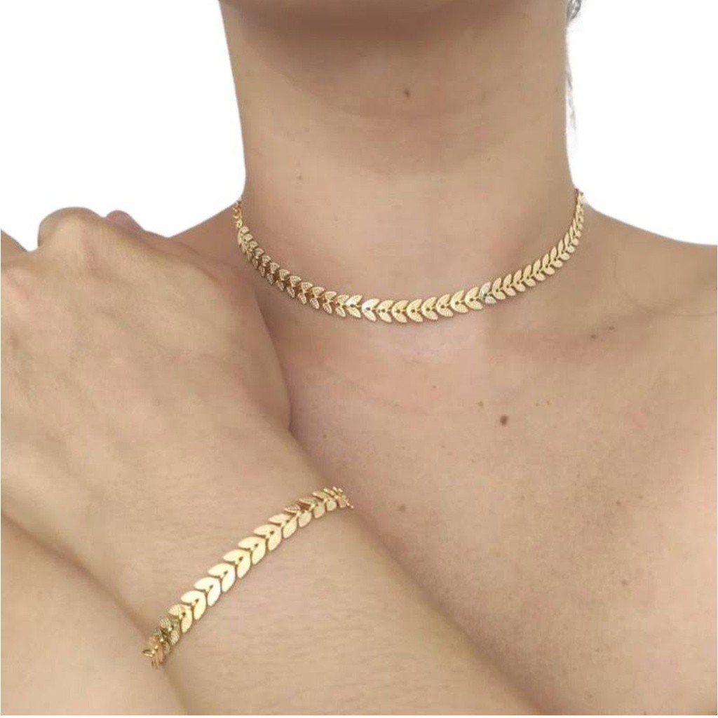 Conjunto Colar e Pulseira Escama de Peixe Seta Banhado A Ouro 18k