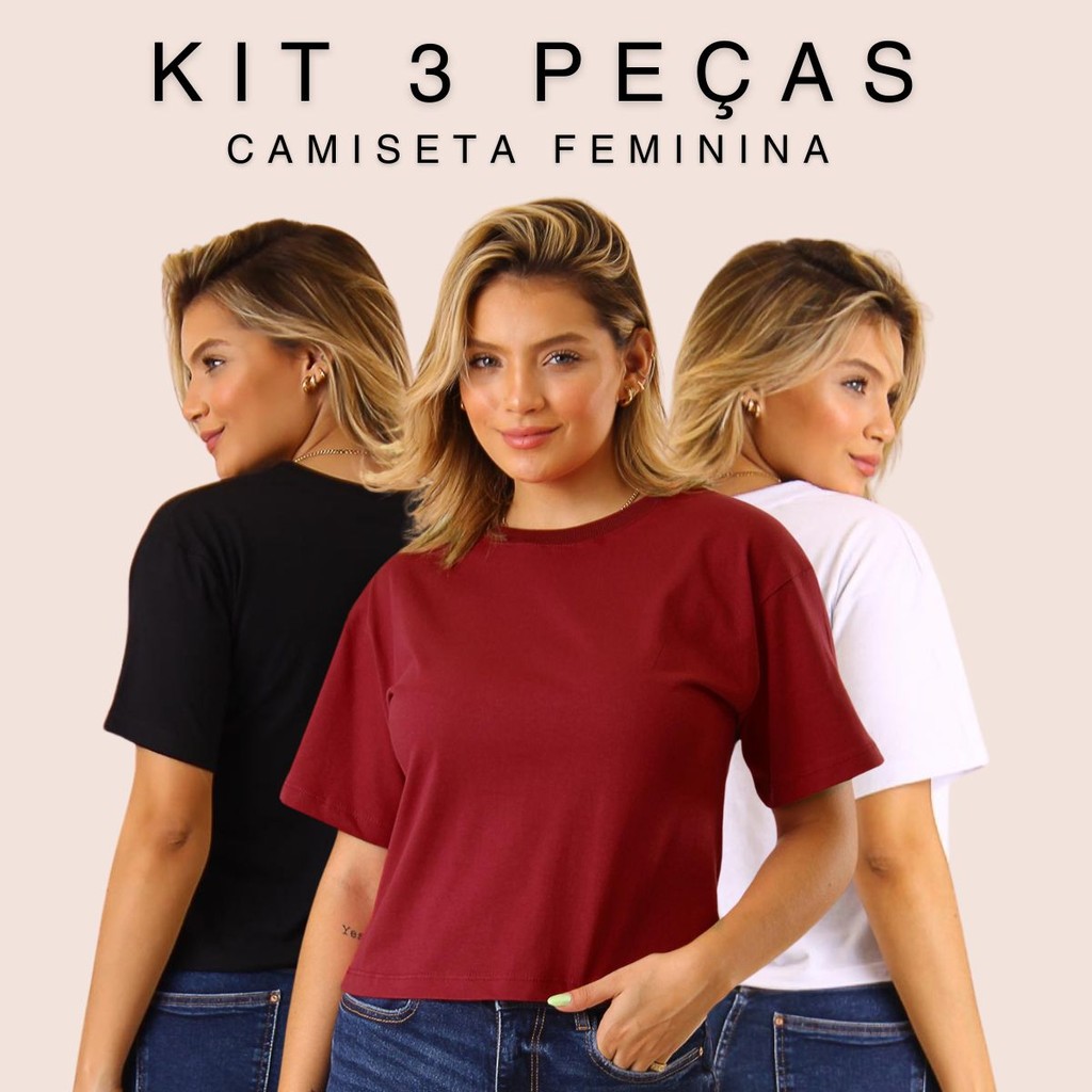 Kit 3 Camiseta Básica Feminina  Blusa T-Shirt Oversized Alba Algodão Leve Soltinha Confortável