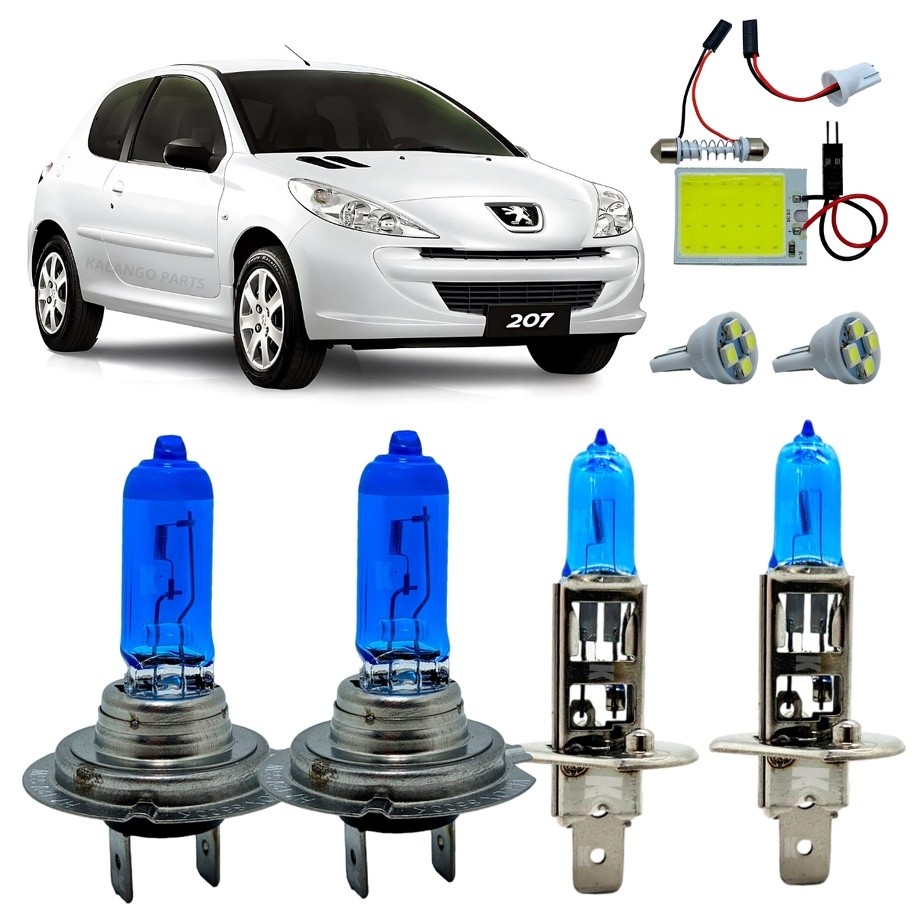 Kit Lâmpadas H7 H1 Super Branca 8500K Alto Baixo Peugeot 207 Luz De Teto + Pingo T10 Led