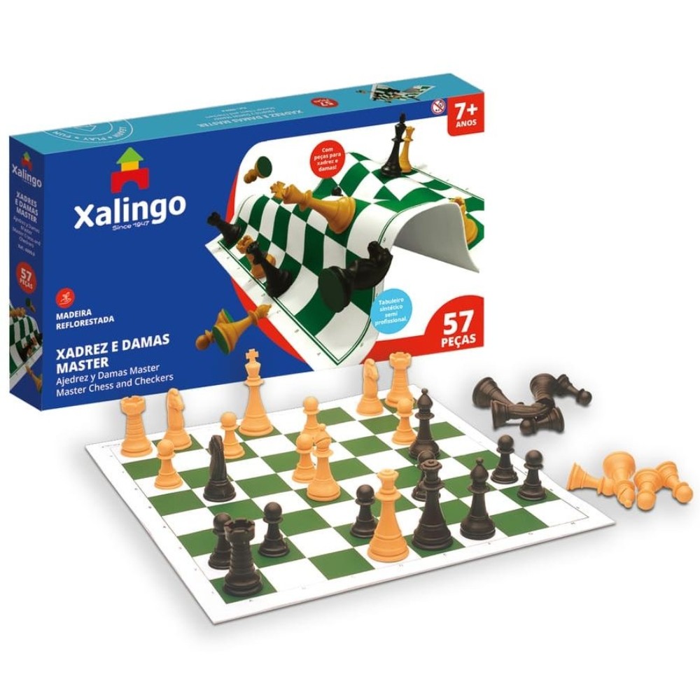 JOGO TABULEIRO XADREZ E DAMAS MASTER XALINGO 57 PEÇAS PLÁSTICA SINTÉTICO SEMIPROFISSIONAL COURO CASA