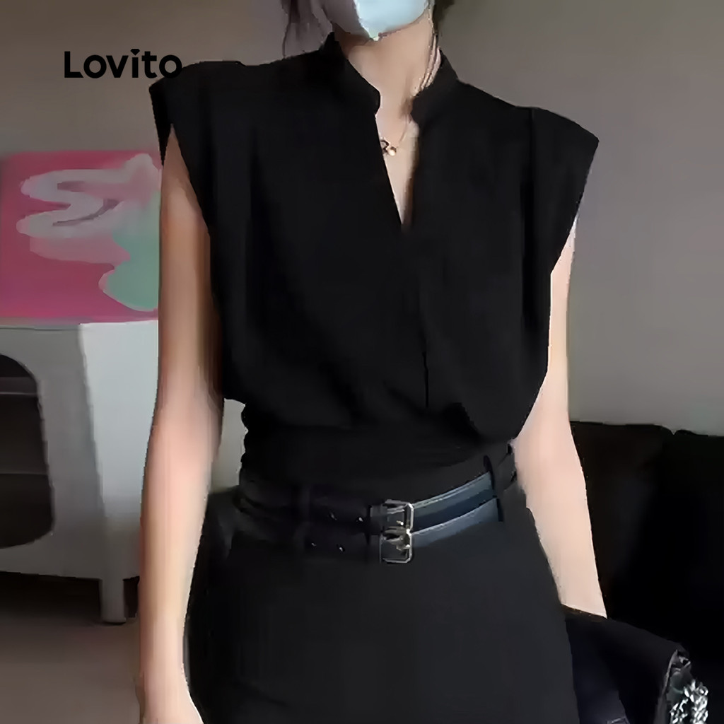 (Trendy) Lovito Blusa Casual lisa plissada de camada dupla para mulheres L128ED374 em Oferta na Shopee