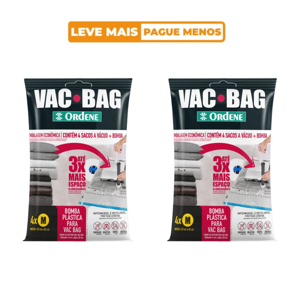 Kit de Saco a Vácuo Organizador 8 Médios 45x65cm Transparente Vac Bag Ordene + 2 Bomba de Ar