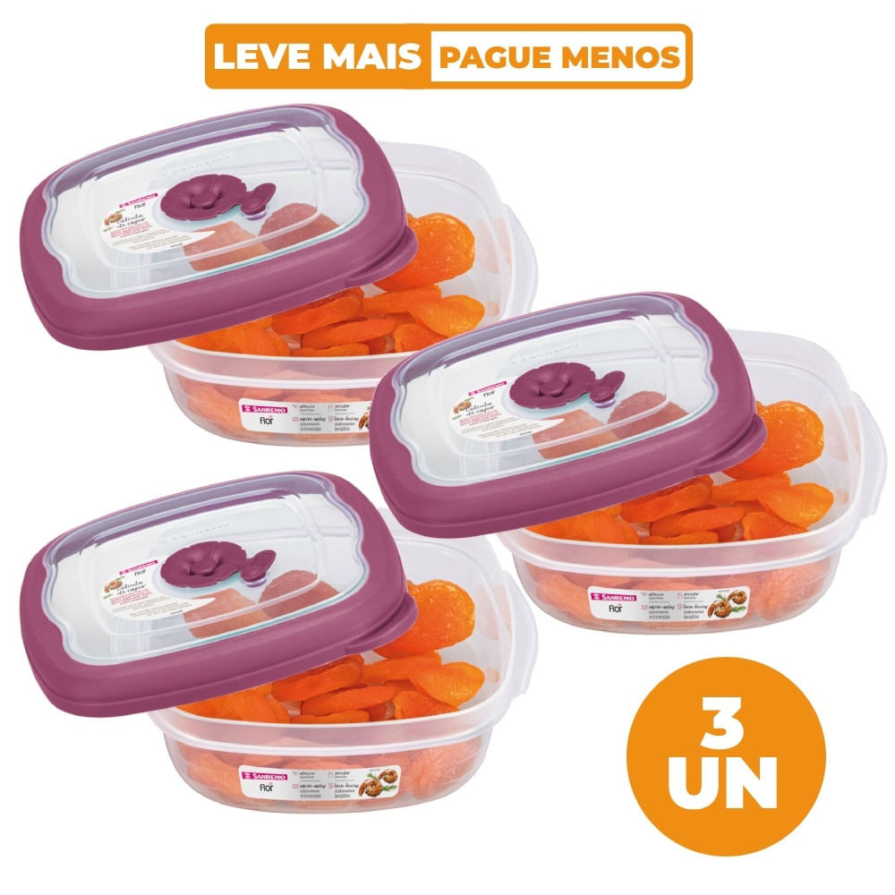 Kit 3 Potes Plásticos Quadrados Herméticos Açaí 920ml Flor Sanremo - Home & Living