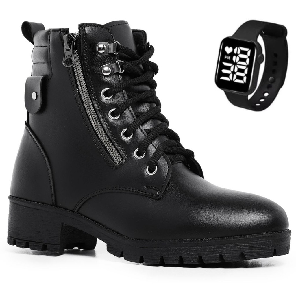 Bota Casual Botinha Feminina Coturno Preto Militar Cano Curto Zíper Salto Moda Moderno Confortavel + Relogio em Oferta na Shopee