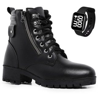 Bota Casual Botinha Feminina Coturno Preto Militar Cano Curto Zíper Salto Moda Moderno Confortavel + Relogio