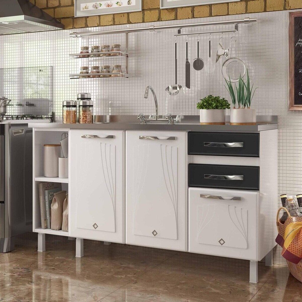 Balcão de Cozinha de Aço Gabinete para Pia 3 Portas 2 Gavetas 150cm Multimóveis CR20355