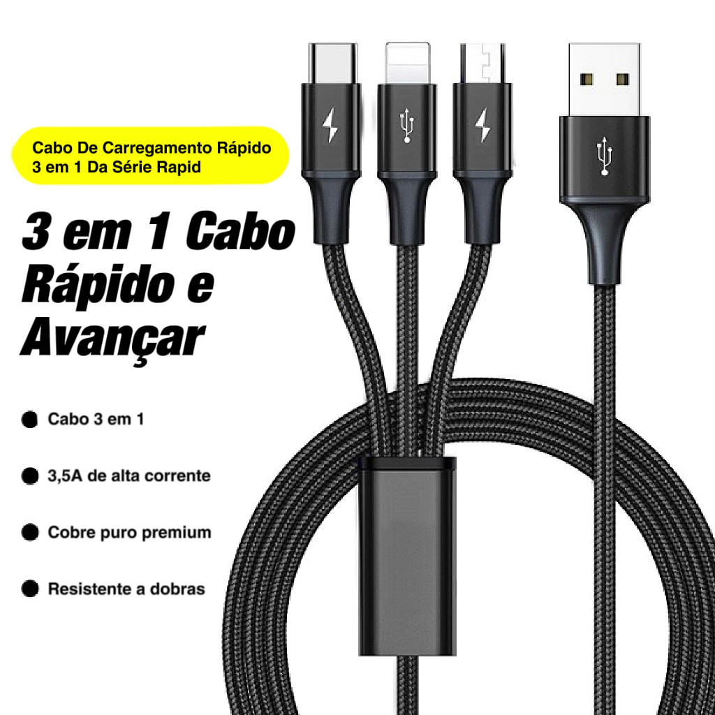 Cabo de carregamento ultrarrápido 3 em 1, tipo C Cabo de dados USB em todos os modelos