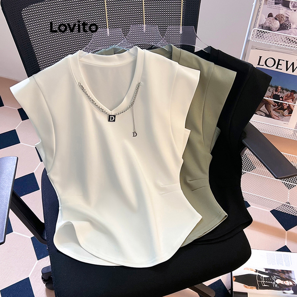 Lovito Camiseta Casual Lisa Básica Para Mulheres LNE29126 (Branco/Verde/Preto)