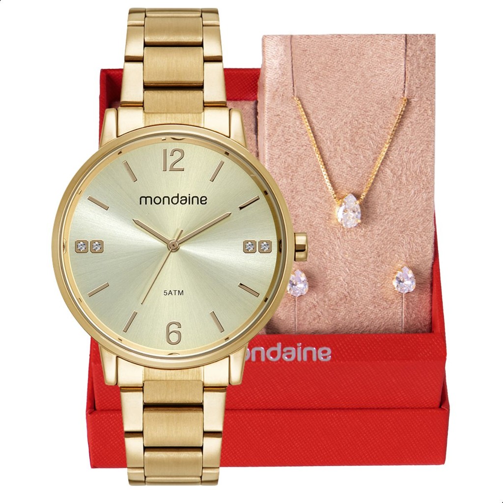 Relógio Feminino Mondaine Dourado 32600LPMKDE1K1 + Colar e Brincos - Watches