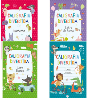 Kit 4 Livros De Caligrafia Divertida Forma Cursiva Numeral Bastão Treinar Os Traços Pontilhados