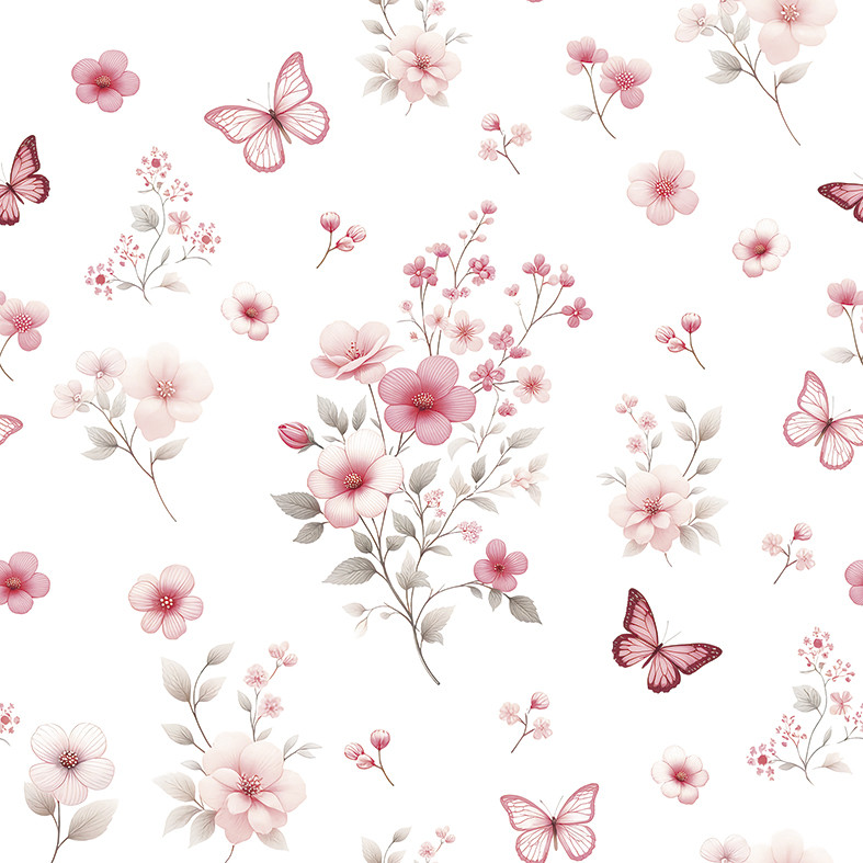 Tecido Tricoline Borboletas no Jardim Rosa, 50cm x 1,50mt