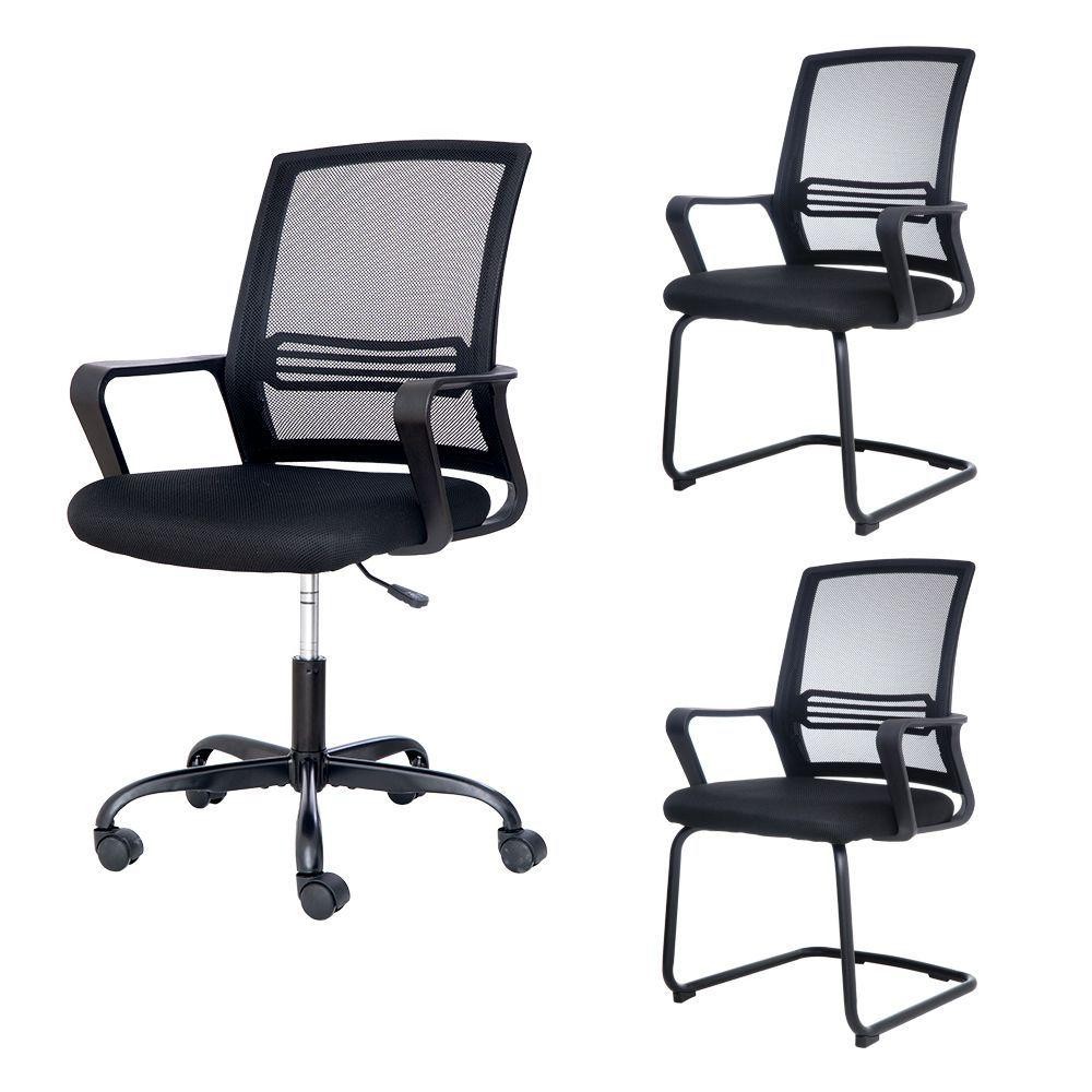 Kit Cadeiras De Escritório, 1 Cadeira Bhutan Com Base Giratória + 2 Cadeiras Bhutan Base Fixa