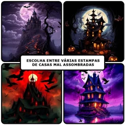 Painel Halloween Redondo Casa Mal Assombrada em Tecido Premium Com Elástico Azul e Amarelo