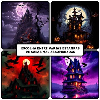 Painel Halloween Redondo Casa Mal Assombrada em Tecido Premium Com Elástico Azul e Amarelo em Oferta na Shopee