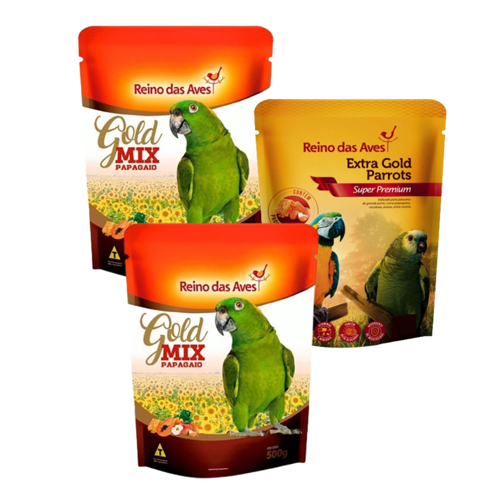 Kit 2 Papagaio Gold Mix 500g cada e 1 Extra Gold Parrots 400g REINO DAS AVES
