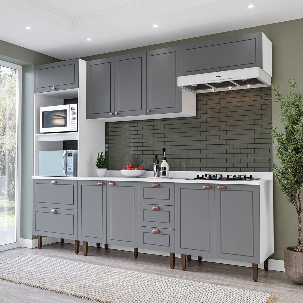 Cozinha Pérola com Tampo 5 Peças Torre Quente Aéreo 3 Portas Balcão 120 Balcão 80 e Basculante Yesca Branco/Cinza em Oferta na Shopee