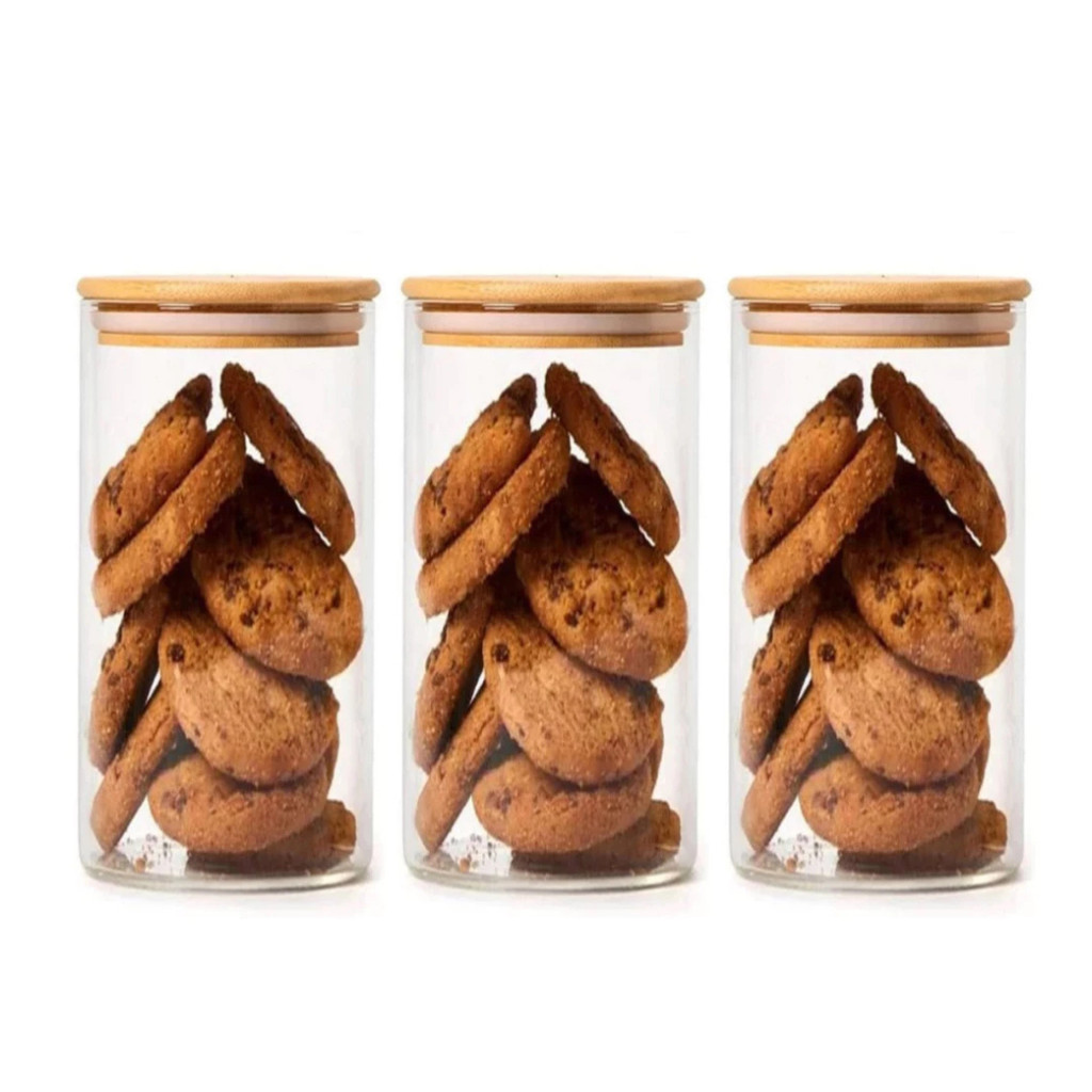 Kit 3 Potes De Vidro Mantimentos 950ml Com Tampa De Bambu em Oferta na Shopee