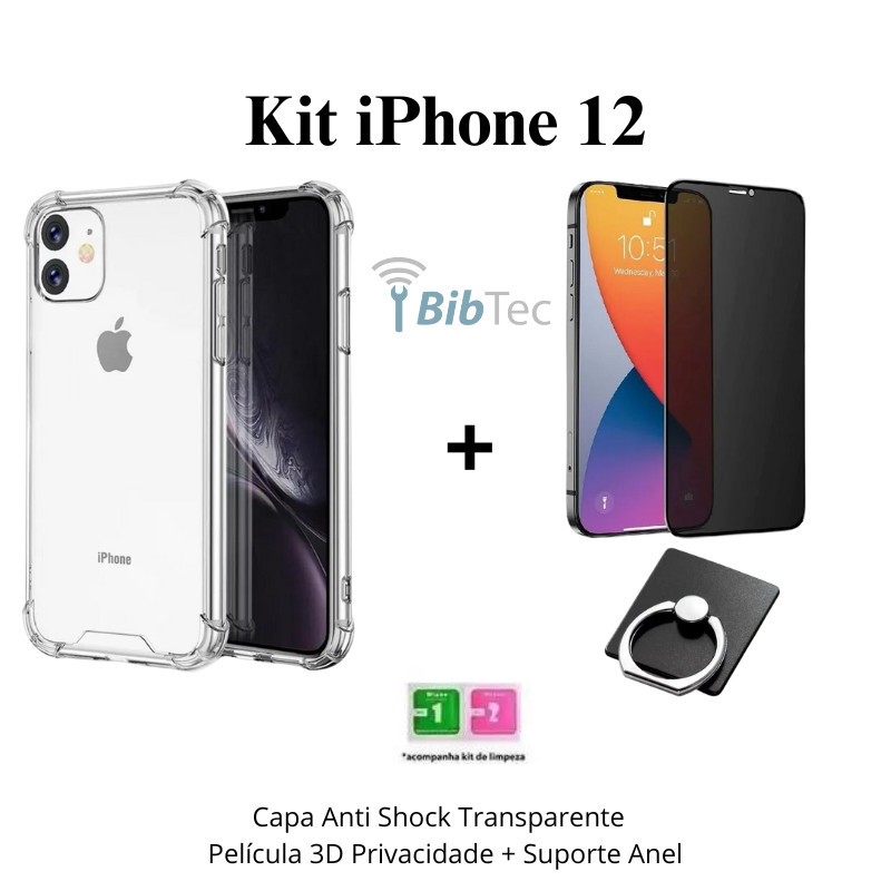 Kit Capinha Transparente + Película 3D Vidro Privacidade + Suporte de Anel para Iphone 12