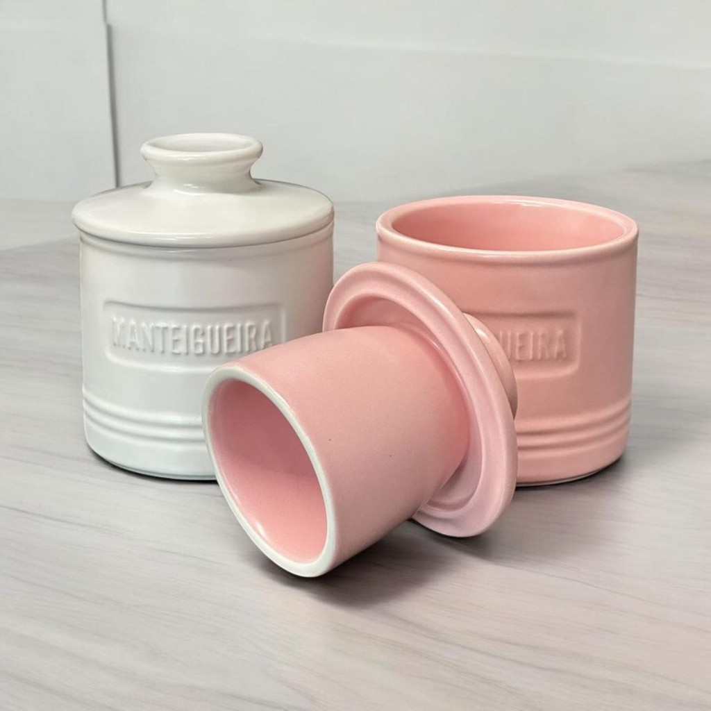 Manteigueira Francesa Matte Rosa Branca em Cerâmica - Wolff