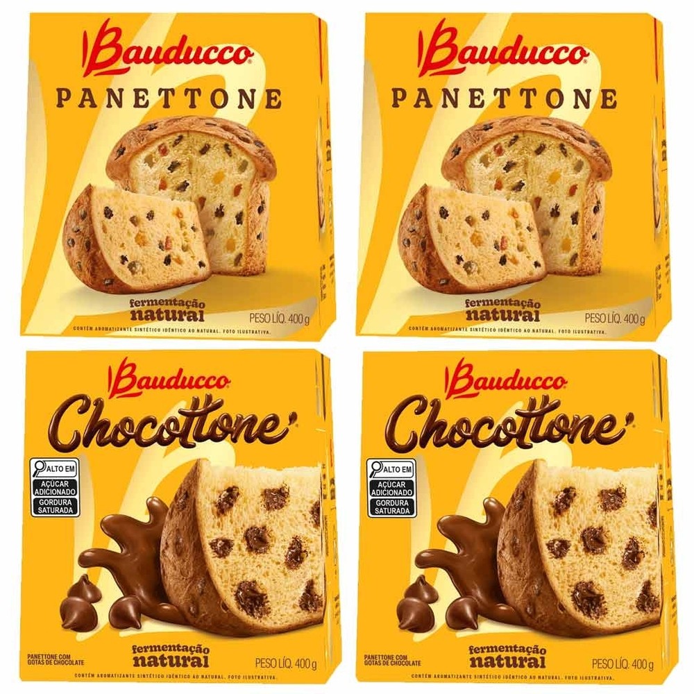Kit com 4 Panettones Natal Frutas ou Gotas de Chocolate 400g Escolha o Sabor! - Bauducco