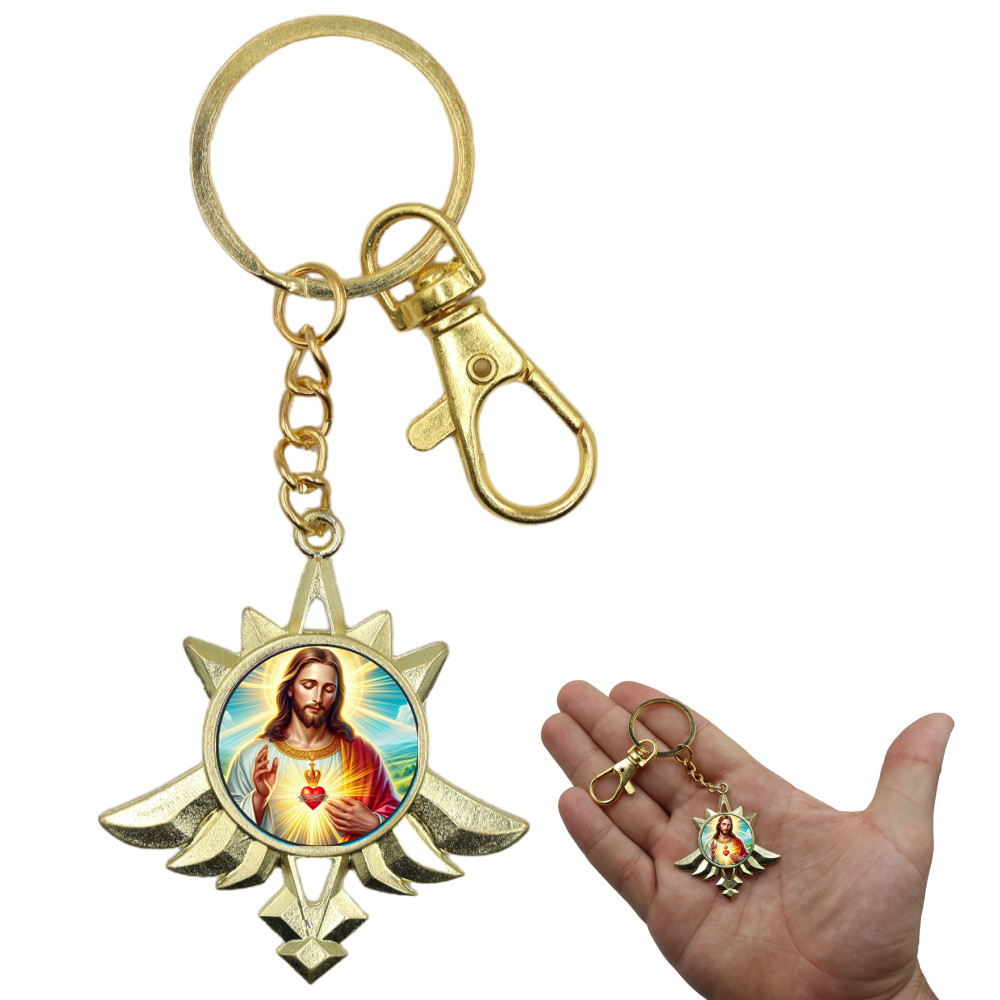 Chaveiro Dourado Medalha Coração Sagrado de Jesus Luxo Catolico Devoção Presente Especial