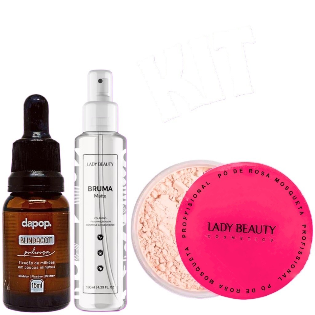 Kit Blindagem Poderosa de Maquiagem Dapop + Bruma Matte Fixadora Lady Beauty + Pó Rosa Mosqueta LB