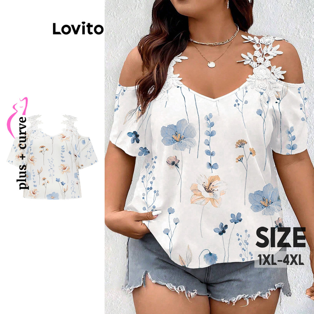 Lovito Blusa Feminina Plus Size Curva Ditsy Floral Ombro Frio LBL18610