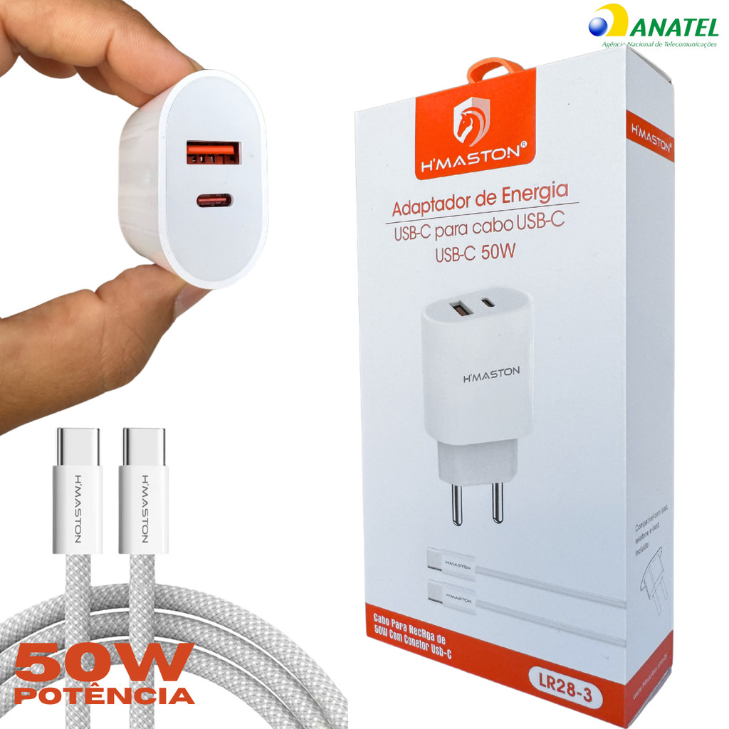 Carregador Turbo 50W com Duas saídas e Cabo Tipo-C compatível com Android e Iphone H'Maston LR28-4 em Oferta na Shopee