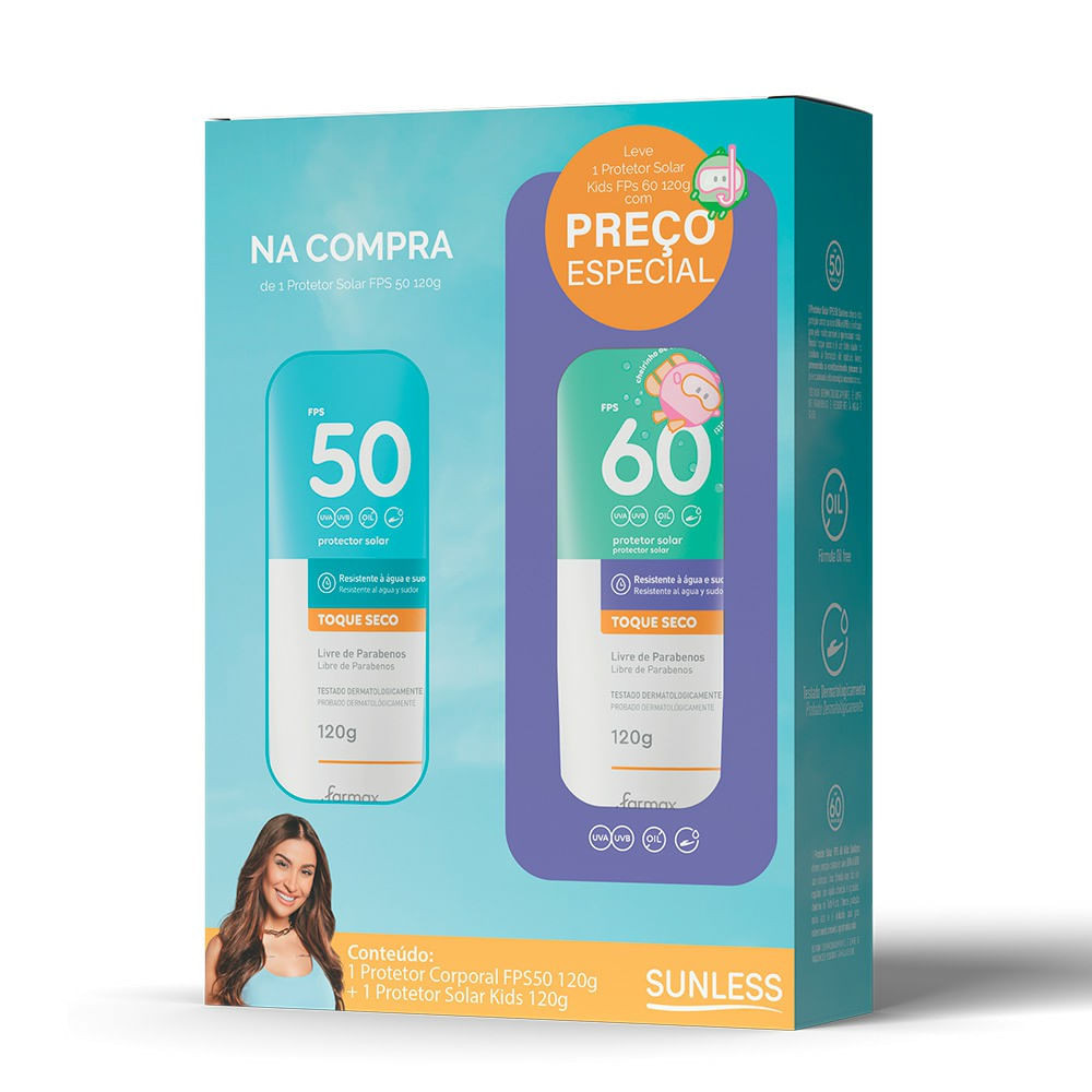 Kit Sunless Protetor Solar Corporal FPS50 120g + Protetor Solar Kids FPS60 120g em Oferta na Shopee