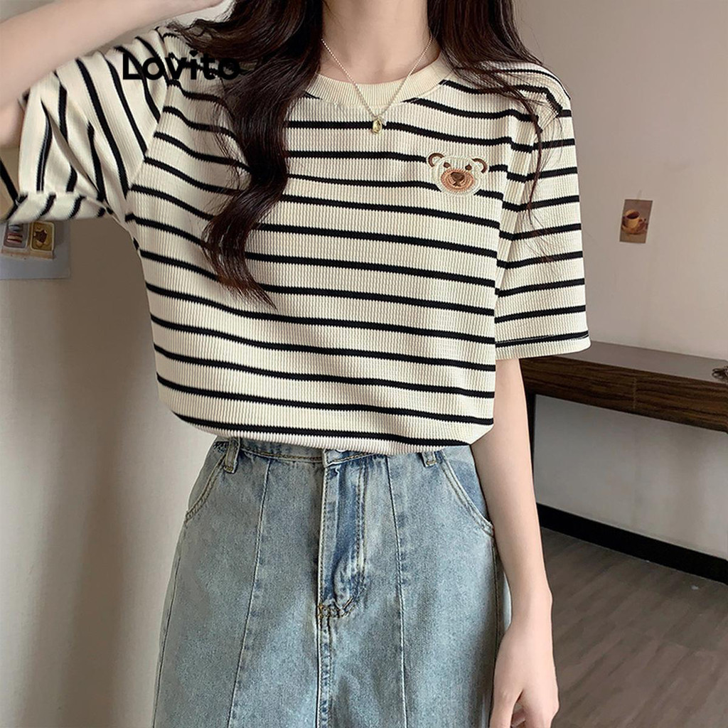 Detalhes do (LIVE STREAM SALE) Lovito Camiseta Listrada Casual para Mulheres LNE38190 (Alperce)