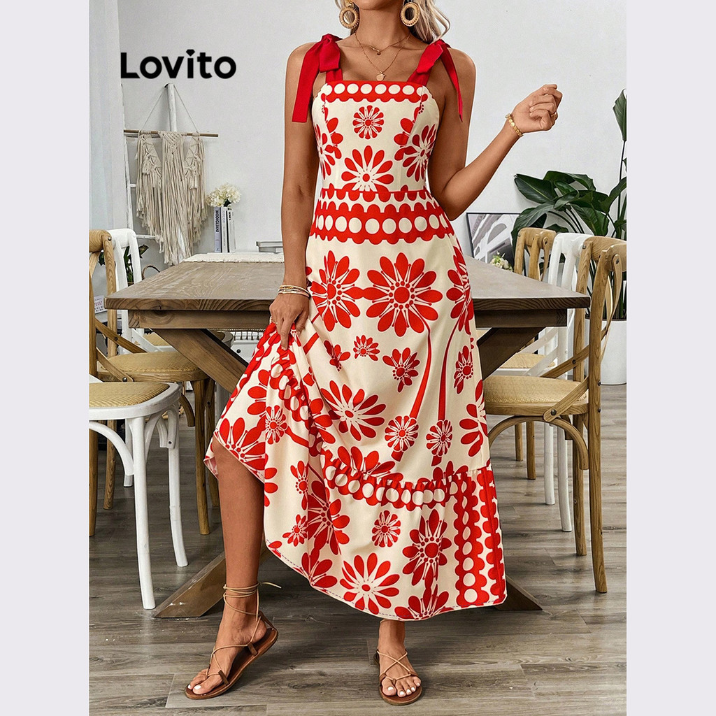 Lovito Vestido Elegante Floral Com Cadarço E Bainha Com Babados Para Mulheres LNL77459 - Women Clothes