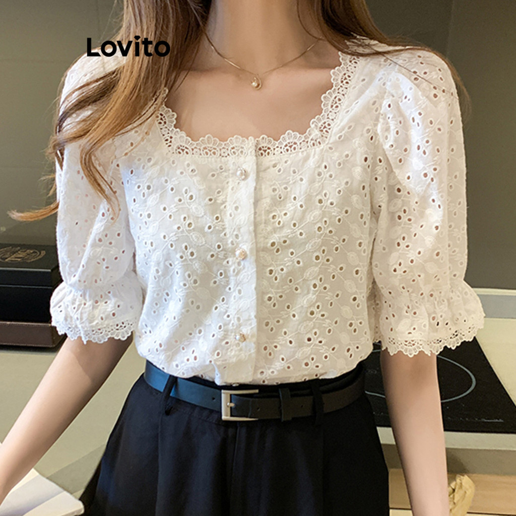 Lovito Blusa Casual Simples Ilhó Bordado Pérola Fivela Contraste Blusas De Renda Para Mulh...