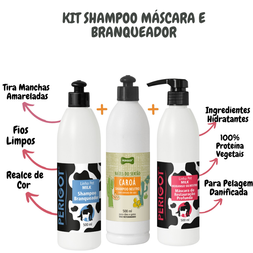 Kit Shampoo Branqueador + Caroa Neutro e Mascara Restauracao Profunda 500 Ml Perigot