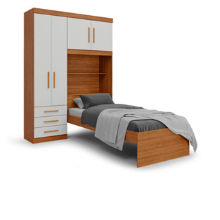 Guarda Roupa Solteiro Turim com Cama e Cabeceira Bau Freijo Off White Batrol em Oferta na Shopee