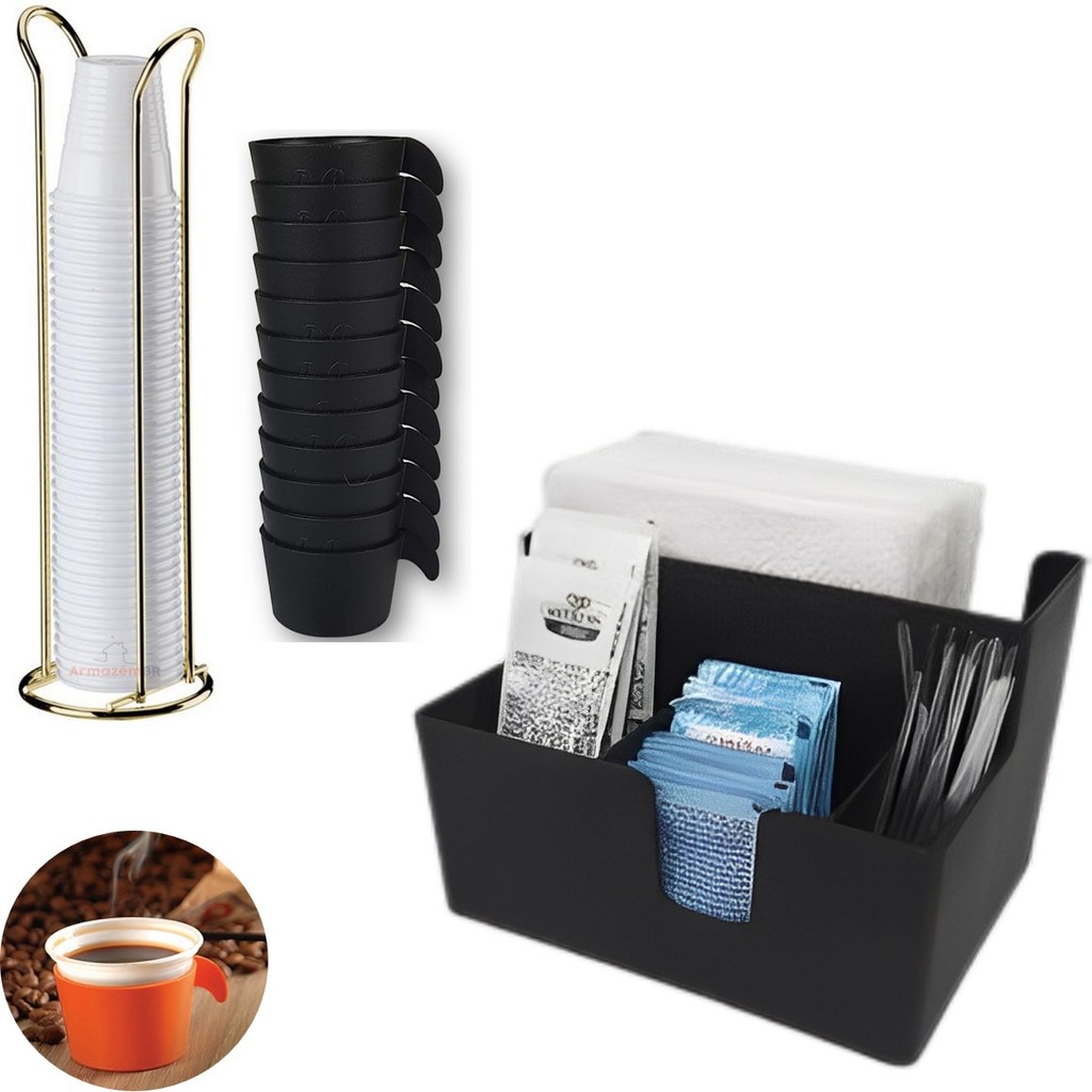 Kit Porta Sachês Café Açucar Guardanapos Suporte Organizador Copos Descartáveis 50/80ml Dourado Coza